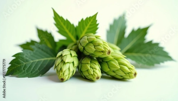 Fototapeta Hop cones with leaf isolated on a white background, close-up view from above.