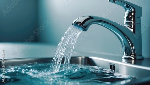 Fototapeta Close-up of faucet and water jet pouring into the sink. Observe the consistent flow, highlighting the clarity and force of water. The faucet delivers a steady and powerful stream.