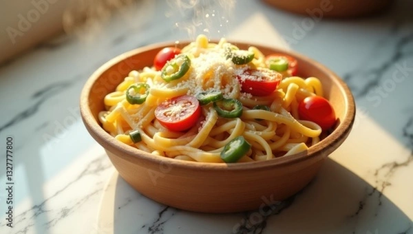 Fototapeta Bird's eye view of Chicken Tetrazzini pasta served in a takeout container on a countertop.
