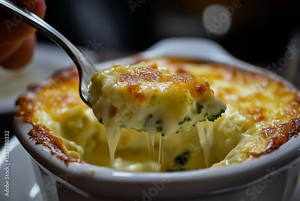 Fototapeta Broccoli and cauliflower gratin with a cheese crust that crumbles under a spoon