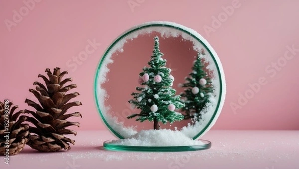 Fototapeta Pine cone reflection in a mirror reveals a green snow-covered tree. Pink pastel backdrop. Minimalist holiday design and concept.