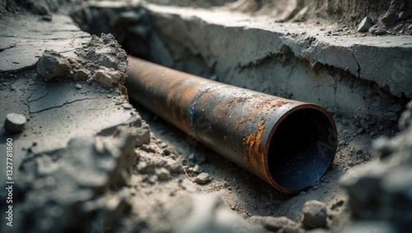 Fototapeta Lead pipe utilized in ancient civilizations, closeup view of the ground.