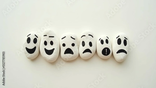Fototapeta Emotion management concept, stones with faces painted to represent various emotions. Although we are all unique, we come together to learn how to manage emotions. Soft background, stones.