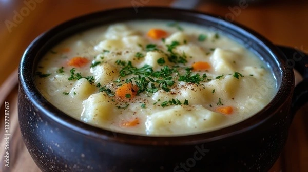 Fototapeta appetizing photo of hearty knoephla soup, the iconic dish of North Dakota. The soup is creamy and filled with dumplings, potatoes, and carrots. 