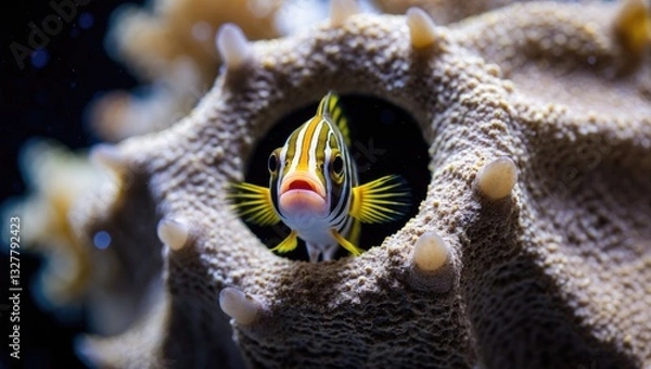 Fototapeta Striped Poison-fang Blenny Mimic, peering out from within a Coral.