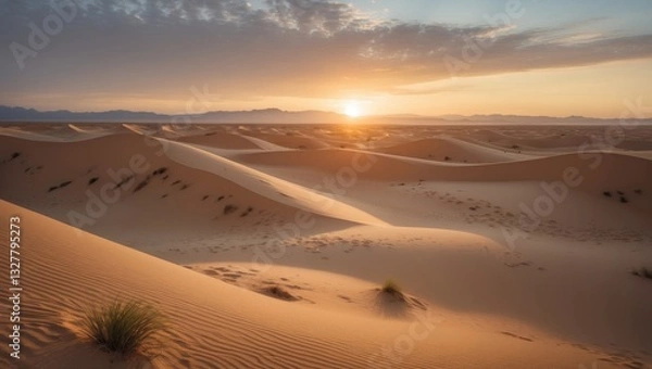 Fototapeta Sunset above the sand dunes in the desert.