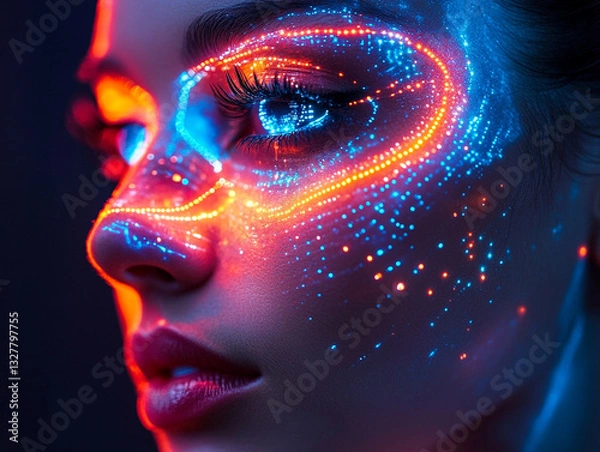 Fototapeta Illuminated face art with vibrant colors at night event
