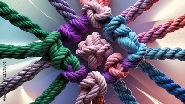 Fototapeta Success business arrow connection represented by diverse ropes intertwined to create a symbol of positive diversity achievement.
