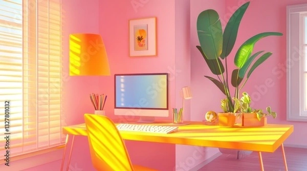 Fototapeta A modern home office features bright colors and natural light