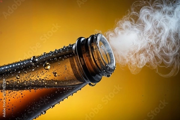 Fototapeta a close-up of the neck of a brown glass bottle likely a beer or soda bottle with condensation droplets on its surface un primer plano del cuello de una botella de vidrio marrón
