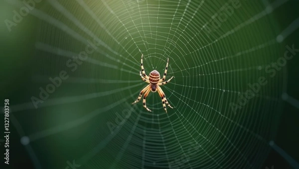 Fototapeta Spider in a web set against a blurred natural green background. Selective focus. High-quality image.