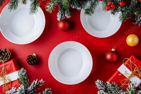 Fototapeta Christmas Festive Table Setting with Empty Bowls and Gifts