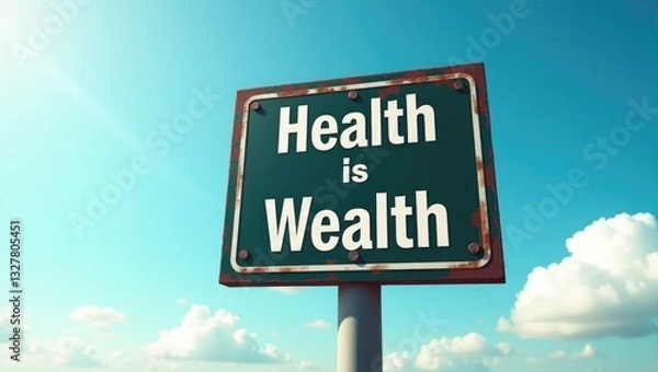 Obraz Health is Wealth sign with a background of clouds and sky.