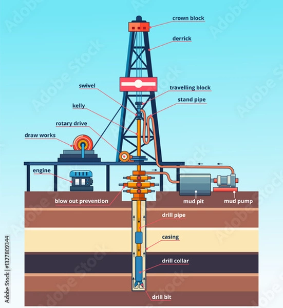 Fototapeta Vector illustration of oil drilling rig components
