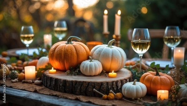 Fototapeta Fall table decoration featuring pumpkins and wine. Outdoor family dinner setup in the garden. Simple handmade layout in countryside style, evoking autumn mood and inspiration.