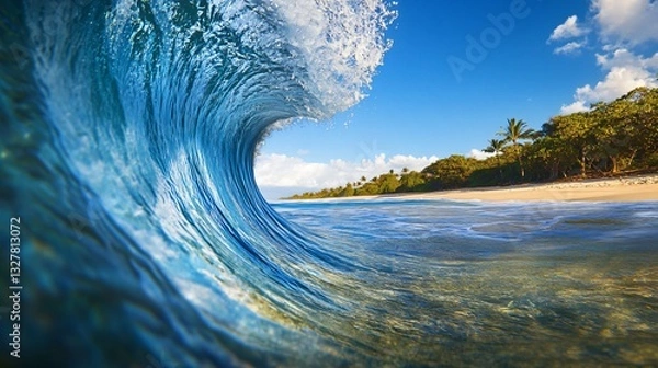 Fototapeta Inside Ocean Wave Barrel with a Sandy Beach and Clear Blue Sky. Copy space. Generative AI