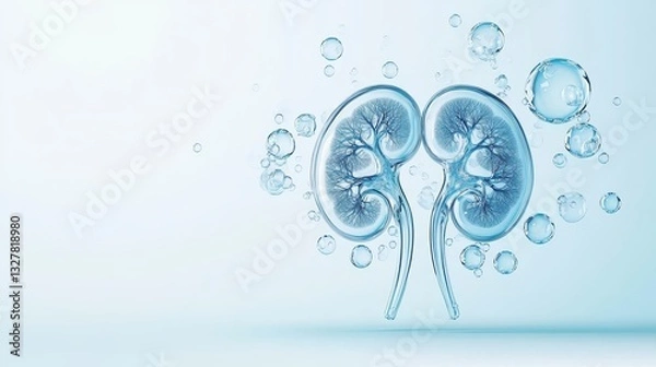 Fototapeta 3D illustration of kidneys surrounded by water bubbles, symbolizing health and vitality in a clean, modern design.