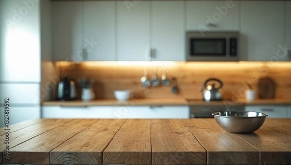 Fototapeta Empty wooden countertop or table corner with blurred background of modern white kitchen.
