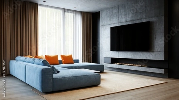 Fototapeta A contemporary living room featuring a soft blue sectional sofa, a modern concrete fireplace, and a sleek black TV mounted on the dark grey wall