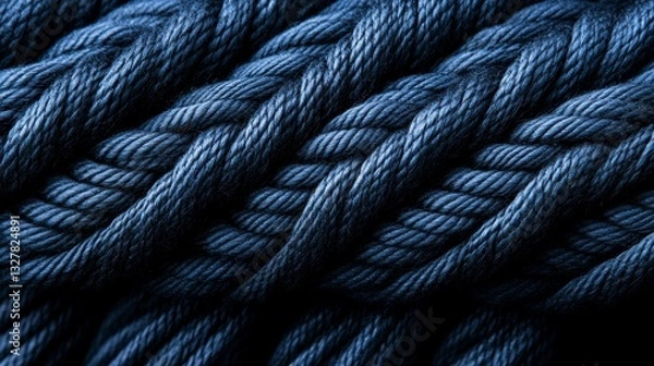 Obraz Close-up of interwoven blue rope strands showcasing texture and depth against a dark background