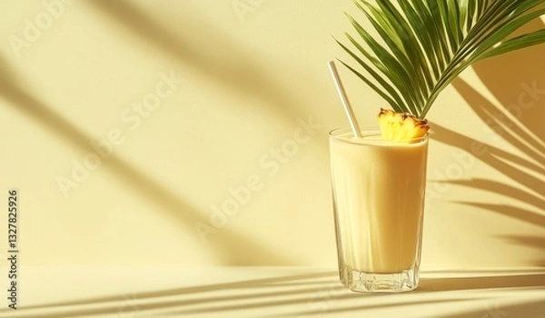 Obraz Refreshing Pineapple Smoothie with Palm Leaf and Straw on Yellow Background