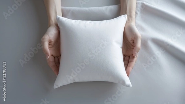 Fototapeta Blank white square pillow mockup held with two hands