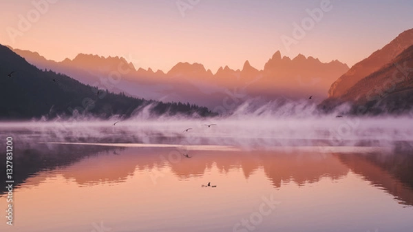 Fototapeta Serene sunrise over calm lake, mountains reflected in still water, soft pink and purple hues, misty fog creating ethereal atmosphere, symbolizing tranquility and peace