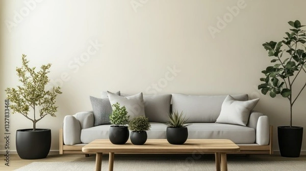 Fototapeta A cozy living room featuring a light grey sofa, a wooden coffee table, and decorative plants in simple black pots