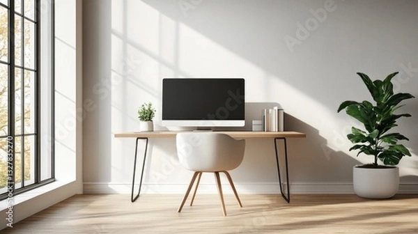 Fototapeta Sunlit workspace with computer, greenery and minimalist design elements