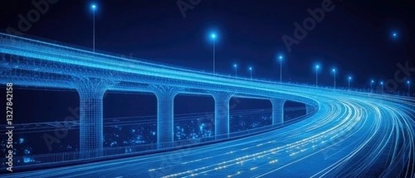 Fototapeta Futuristic Highway at Night: A Digital Wireframe Representation of an Elevated Road System