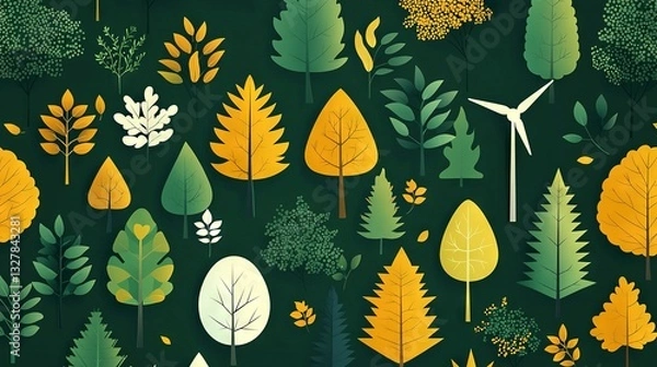 Fototapeta   Green background with yellow and green leaves White bird and trees in middle