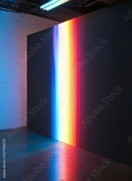 Fototapeta A black wall with a vertical light painting, light waves, and rainbow color gradients