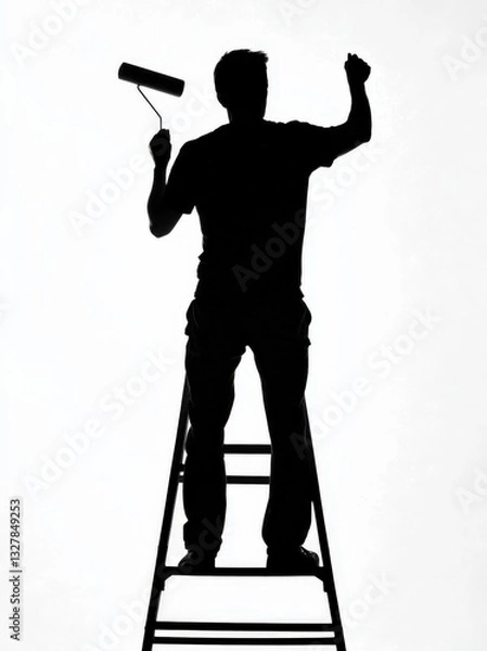 Fototapeta A man standing on a ladder, holding a paint roller in his hand, silhouetted against a white background, in a full-body view.