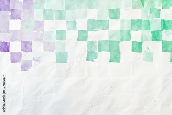 Fototapeta A paper texture with green and purple pixelated squares, white background