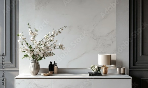 Fototapeta White marble dresser with simple hardware and mirror above, elegant decor, white marble, mirror