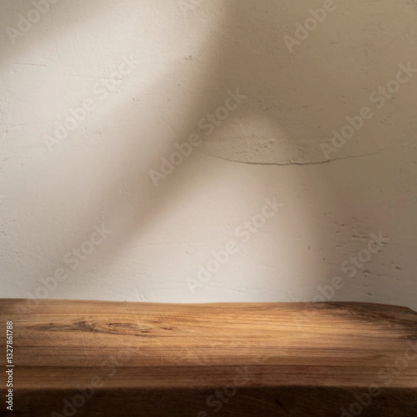 Obraz Empty table on stucco background with natural shadows on wall. Mock up for branding products, presentation, food and health care.	