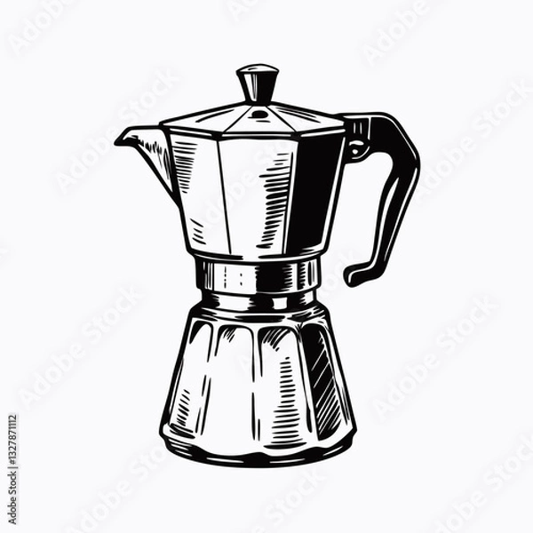Fototapeta Detailed line drawing of stovetop espresso maker in vintage advertisement style. Technical illustration of Moka pot with clear structural features on white background. Concept: coffee culture, Italian