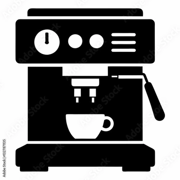 Fototapeta Espresso machine brewing coffee cup in black and white icon style. Simple solid-color illustration suitable for menus, websites or apps. Concept: coffee service, café business, beverage industry.