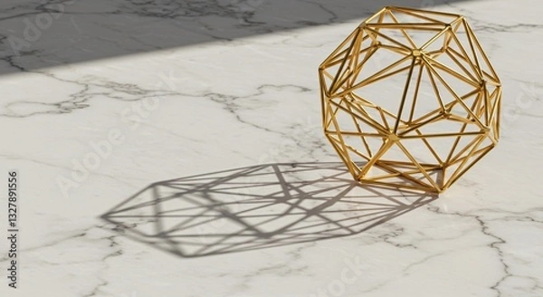 Fototapeta Geometric gold wireframe sculpture casting intricate shadows on a marble surface