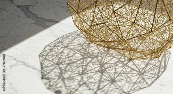 Fototapeta Geometric gold wireframe sculpture casting intricate shadows on a marble surface
