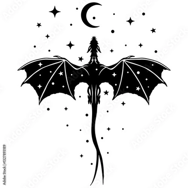 Fototapeta Mystical dragon silhouette with wide wings, moon, and stars. Black and white fantasy vector illustration for tattoos,cut file, prints, and digital designs. Boho style
