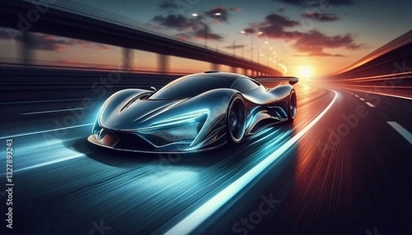 Fototapeta A sleek, futuristic supercar speeding down an empty highway at sunset, with glowing neon lights along the road. The car features a glossy metallic finish with sharp aerodynamic lines, capturing the es