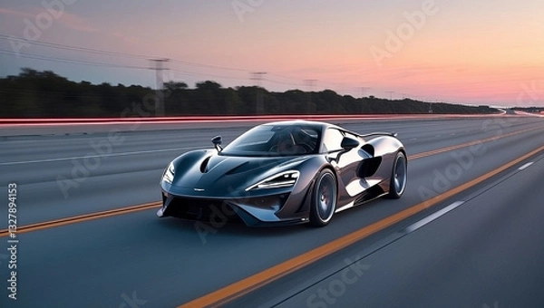Fototapeta A sleek, futuristic supercar speeding down an empty highway at sunset, with glowing neon lights along the road. The car features a glossy metallic finish with sharp aerodynamic lines, capturing the es