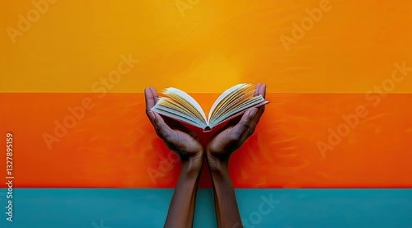 Fototapeta Hands gently holding an open book on a colorful background