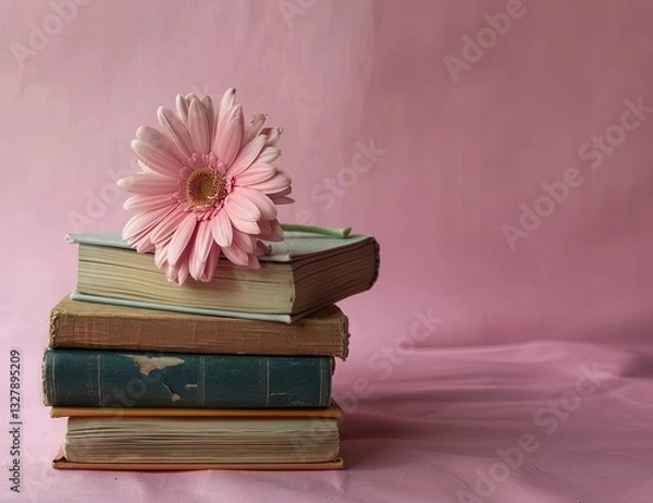 Fototapeta Pink gerbera flower resting on a small stack of hardcover books