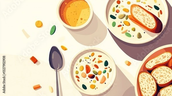 Fototapeta   A bowl of cereal sits atop a table, alongside a spoon and another bowl of cereal