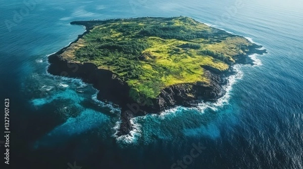 Fototapeta An aerial view of a lush green island in ocean waters