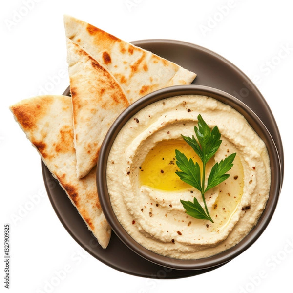 Fototapeta Creamy Mediterranean Hummus Served with Freshly Grilled Pita Bread on a Rustic Plate, isolated on transparent background.