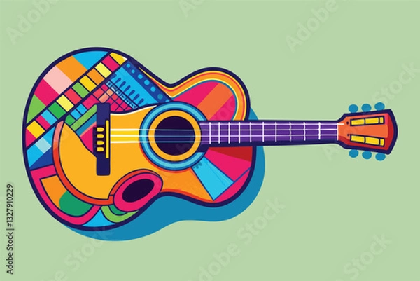 Obraz Colorful vector illustration of an acoustic guitar featuring vibrant patterns and shapes on a bright turquoise background