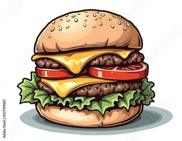 Fototapeta Classic food illustration in black and white, such as a burger topped with melted cheese and fresh vegetables, colored with sharp shadows to highlight every detail